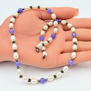 Vintage Sterling Silver Amethyst Freshwater Pearl Bead Necklace